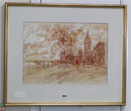 A. Jokovic, watercolour and ink, The Embankment at Westminster, 30 x 42cm